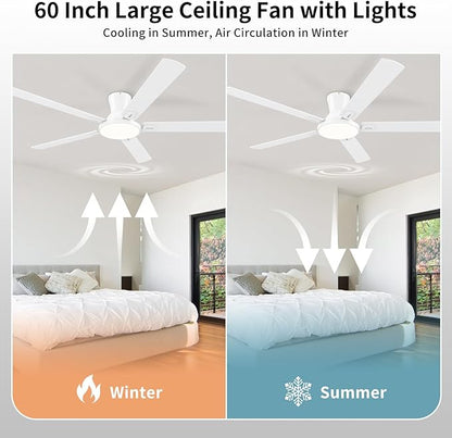 60 Inch White Ceiling Fans with Lights and Remote, Flush Mount Low Profile 5 Blades Ceiling Fan with 10 Inch Lighting Fixture, Quiet Reversible DC Motor for Living Room, Bedroom and Patio