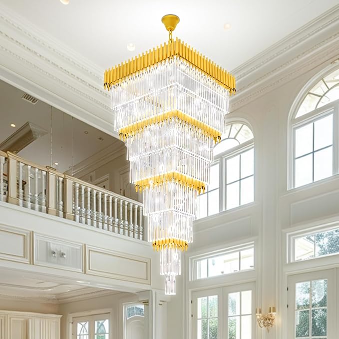 W32 x H94.5 Large Gold Chandeliers for High Ceiling, 25-Light Square Tiered K9 Crystal Raindrop Chandelier, Adjustable Height Luxury Pendant Light for Staircase, Villa Foyer, Entryway