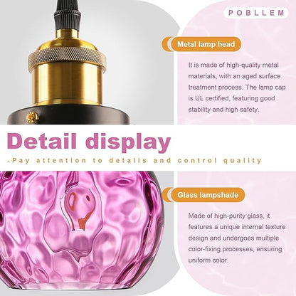 Mid Century Plug in Hanging Light for Living Room, 13.8" Purple Glass Shade Plug in Cord Boho Pendant Lamp for Bedroom Dining Room Kitchen Sink, Large Plug-in Light