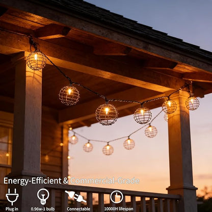 Decorative String Lights Indoor Outdoor, Patio Lantern Style String Lights with 10 Warm White Mini Bulbs, UL Listed Connectable Weatherproof Plug In Lights for Home Decoration(Iron Wire Twist Ball)