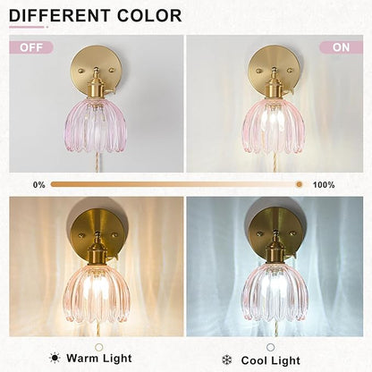 Plug in Wall Sconce, Vintage Sconce Light with Tulip Pink Glass Lampshade, Bedside Wall Sconce with Switch and Plug in Wall Lamp Cord, Gold Wall Light for Bedroom