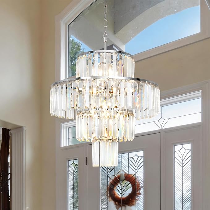 Chrome Crystal Chandelier, 7-Light 4 Tiers 13.77" Crystal Light, Adjustable Hanging Metal Ceiling Lighting Fixture, Modern Foyer Dining Room Chandeliers for Bedroom,Hallway,Kitchen