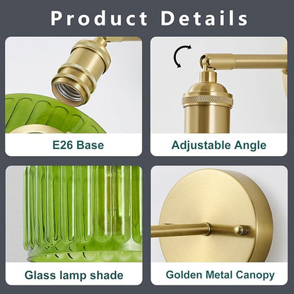 Vintage Wall Sconces with Pullswitch, 180 Degree Adjustable, Hradwired Modern Wall Lighting Fixture with Green Pumpkin Glass Lampshade for Bedroom Bedside Bathroom