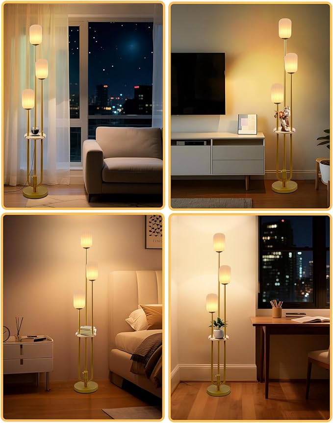 Floor Lamp for Living Room, Dimmable Vintage Floor Lamp with Shelf & LED Bulbs, 3 Light 3000K Soft Warmwhite Mid Century Standing Lamp, Tall Lamps with 5Lbs Heavy Base for Bedroom Office