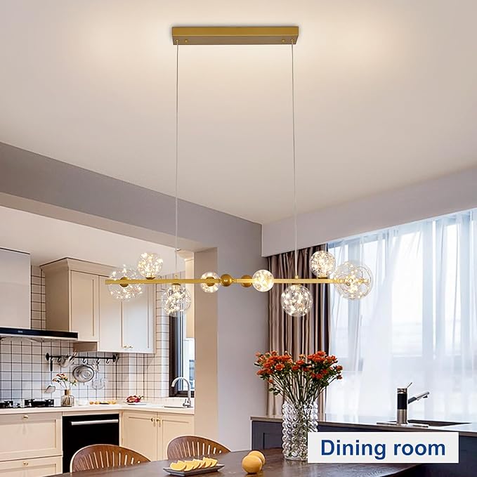 Depuley Linear Chandeliers for Dining Room: 43.3In Sputnik Chandeliers 8-Light Glass Globe Chandelier - Modern Gold Bubble Large Pendant Lights for Kitchen Island Lighting