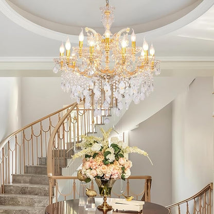 Large Crystal Chandelier for High Ceiling, 15 Lights 2 Layers Maria Theresa Crystal Chandelier Modern Luxury Gold Chandelier Lighting Fixture for Dining Room, Living Room, Foyer, Staircase