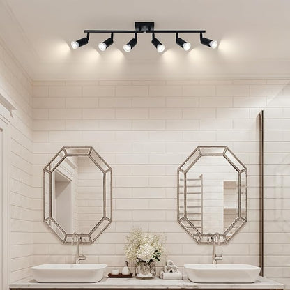 6-Light Kitchen Track Lighting, Black Adjustable GU10 Track Ceiling Light Kit, Industrial Flush Mount Ceiling Spotlight Fixture for Hallway, Dining Room