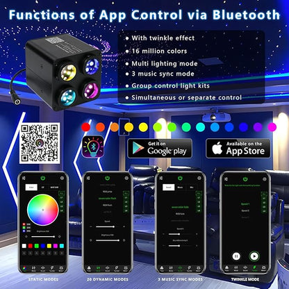 AKEPO 36W 4 Color Twinkle Fiber Optic Starlights Headliner Lights Kit, Optical Fibers Music Sync Bluetooth APP Control Starlight Kit, 1600pcs*13.1ft