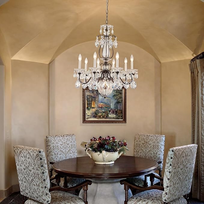 Crystal Chandelier for Dining Room, 8-Light Vintage Brown Chandelier, Pendant Ceiling Light Fixture for Living Room Hallway Entryway Foyer Staircase 30.3" H x 26.8" D
