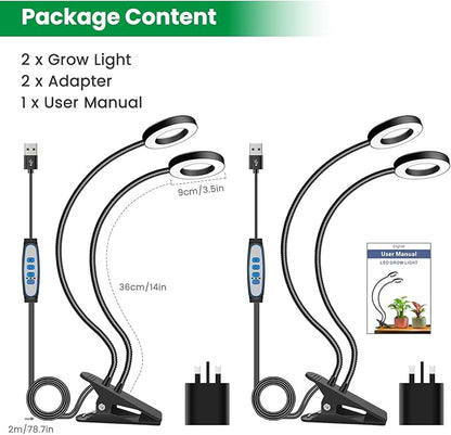 Plant Lights for Indoor Growing,2 in 1 Halo Grow Light with Clip,192 LED Full Spectrum Clip On Plant Grow Lights with 360°gooseneck,3 Spectrum Modes, 6/12/16Hrs Auto Time&5 Brightness 2 Pack
