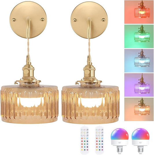 Shenmoyl Battery Operated Wall Sconce with Amber Striped Shade Pattern Glass Adjustable Chain Retro Gold Wall Mounted Light, Modern Wall Decor for Bedside Bedroom Indoor Doorway， Set of 2
