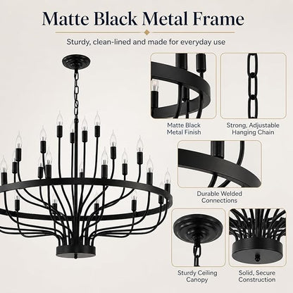 Shandaglo Large Black Chandelier 24-Light, Round 3-Tier Wagon Wheel Fixture, 39 in Farmhouse Candle Pendant with E12 Base for Dining Room, Foyer, Living Room, Hallway, High Ceiling