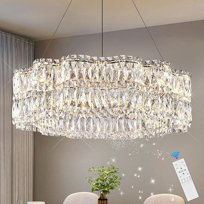 Modern Crystal LED Chandelier 32’’ with Remote Control Dimmable 3000-6500K Contemporary Chrome Luxury Chandeliers Light Fixture for Living Dining Room Bedroom Kitchen Island Foyer Entryway