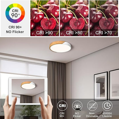 Modern LED Ceiling Light, Minimalist Wood Style Flush Mount Ceiling Light Fixture, Circle Lighting Lamp with Acrylic Lampshade for Bedroom Living Room Dining Room Laundry (White, 11.8'')