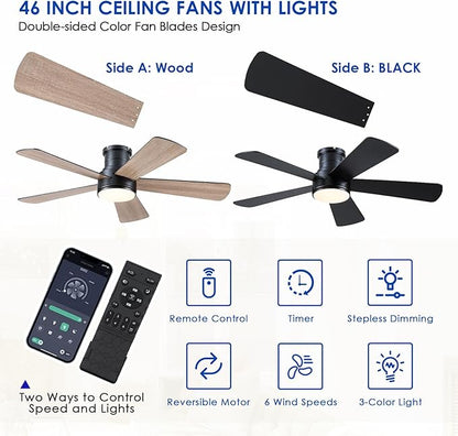 Hounberi 46 Inch Flush Mount Ceiling Fan with Lights and Remote, Modern Quiet DC Motor Low Profile Ceiling Fan for Low Ceilings, 5 Reversible Blades, 6 Speeds Dimmable, Indoor Outdoor Bedroom, Black