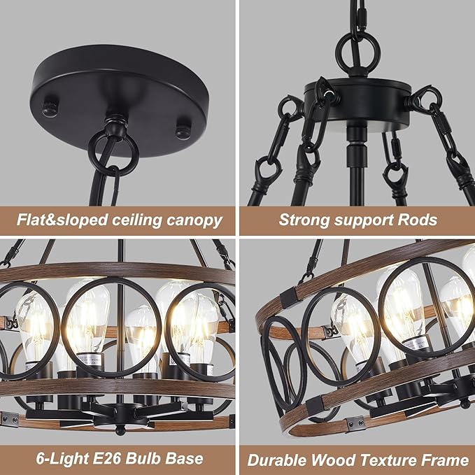 21'' Farmhouse Chandelier, 6-Light Walnut Wood Grain Dining Room Light Fixture Over Table, Rustic Industrial Drum Hanging Pendant Lights Fixture for Kitchen Island Bedroom Hallway Foyer Entryway