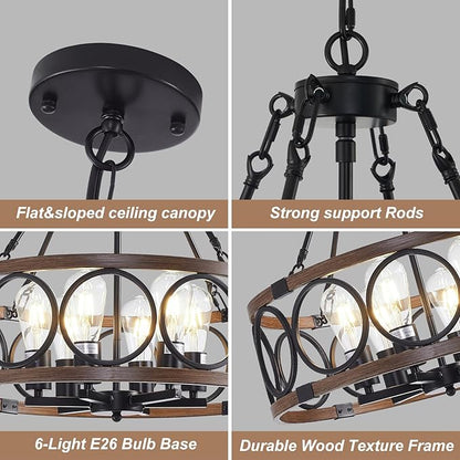 21'' Farmhouse Chandelier, 6-Light Walnut Wood Grain Dining Room Light Fixture Over Table, Rustic Industrial Drum Hanging Pendant Lights Fixture for Kitchen Island Bedroom Hallway Foyer Entryway