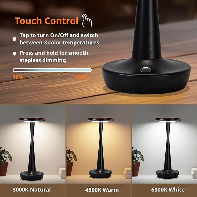 LED Cordless Table Lamps Rechargeable - Outdoor Battery Operated Portable Table Light 3 Color Stepless Dimming Tables Lamp with Memory Function, IP54 Waterproof for Patio Restaurant Dining (2 Black)