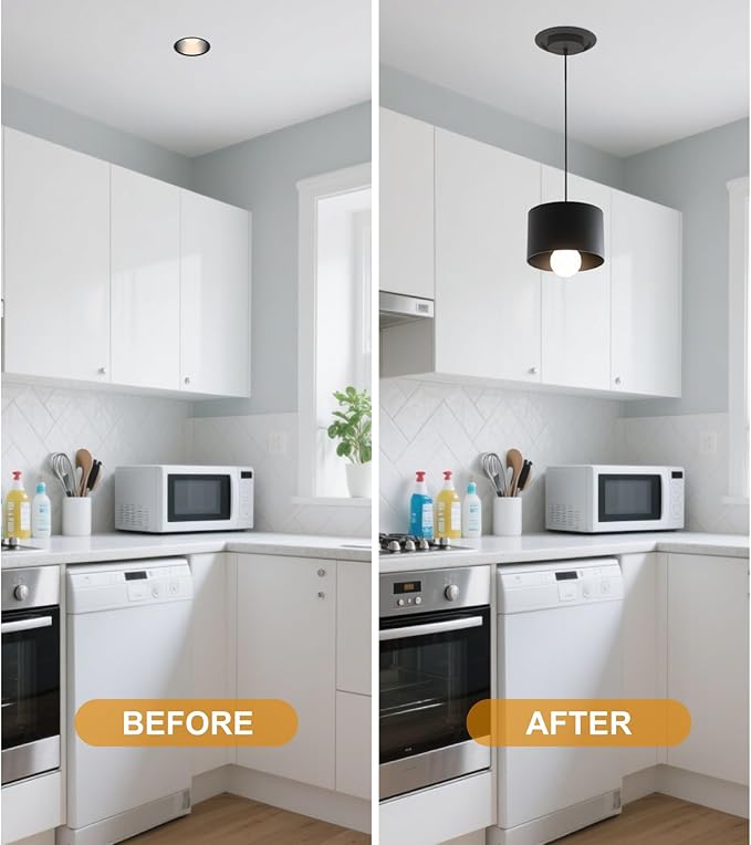 Recessed to Pendant Light Converter Kit - 6 Inch Can Light Conversion, Includes E26 Socket, Mounting Bracket, Round Ceiling Plate & 3D Black Cover