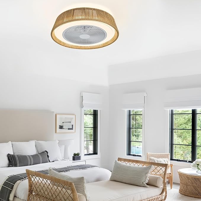 21.5" Boho Caged Ceiling Fan with Lights Farmhouse Rattan Flush Mount Fandlier Light Hanwoven Paper Rope Fan Chandelier with Remote Reversible for Bedroom Dining Study Living Room Kitchen Entry