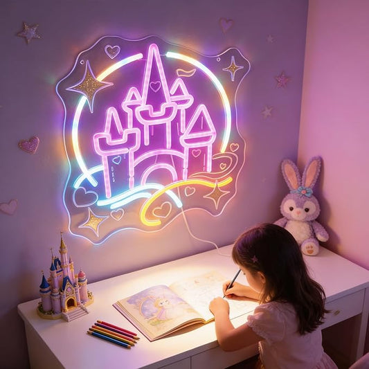 Magic Castle Fairy Tale Neon Light - Princess Pink Blue LED Wall Lamp for Girls Bedroom Decor, Dimmable USB Night Light with Hanging Kit, Enchanted Birthday Party Wall Art Gift for Kids