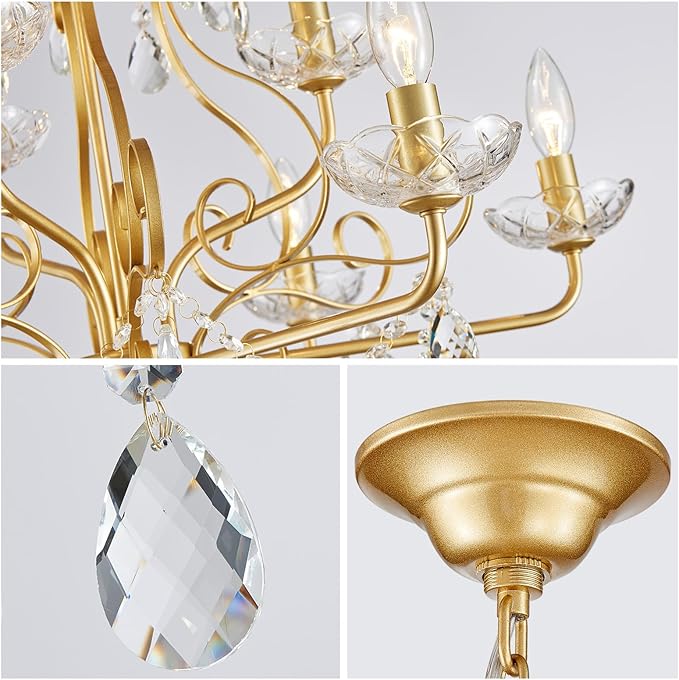 WUZUPS 9-Light Crystal Candle Chandelier Pendant Flushmount Ceiling Light Modern Lighting Fixture for Bedroom Hallway Bar Kitchen Bathroom, H 18.1" x W 25.6", Gold, E12 Base