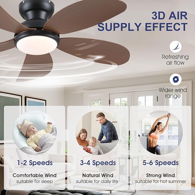 PHORUS Low Profile Ceiling Fans with Lights and Remote,42" Small Flush Mount Ceiling Fans with Quiet Reversible DC Motor, Dimmable 3 CCT,Brown