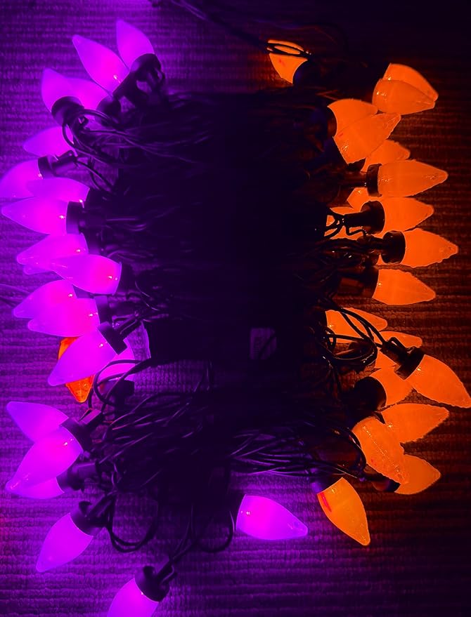 Abeja Halloween String Lights Outdoor, 26Ft C7 Purple and Orange String Lights with 50 LED Purple/Orange Ligths for Indoor/Outdoor Use, Halloween Decorations for Patio Home Party Garden Yard