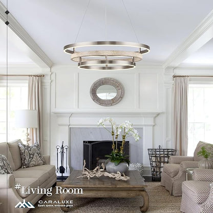 3 Ring LED Chandelier Nickel Round Chandelier Light Fixture Dimmable Foyer Chandeliers Light Weathered Wood Circular Chandeliers for Dining Room Entry Bedroom Office Living Room