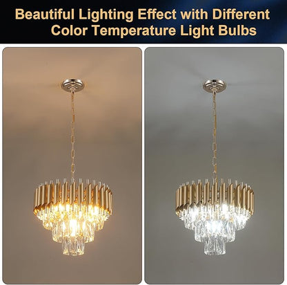 AXILIXI Gold Crystal Chandeliers 16” Modern Ceiling Pendant Light Fixture for Dining Room 3 Tiers Dimmable Round Flush Mount Chandeliers for Living Room Foyer Bedroom Kitchen