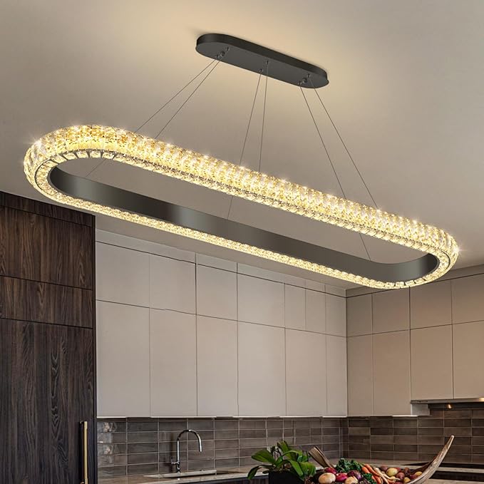 47'' Oval Ring Crystal Chandelier Modern LED Dimmable Ring Pendant Light Chandelier for Dining Room Living Room Black