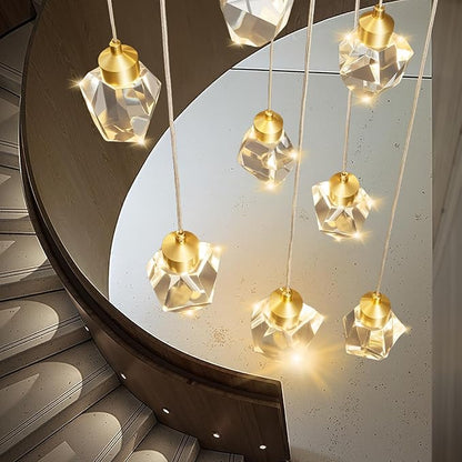 Crystal LED High Ceiling Chandelier: Long Remote Dimmable 12 Gold Pendant Light Fixture - Spiral Drop Flush Mount Sloped Ceilings Modern Chandeliers For Entryway Living Room Foyer Staircase Entrance