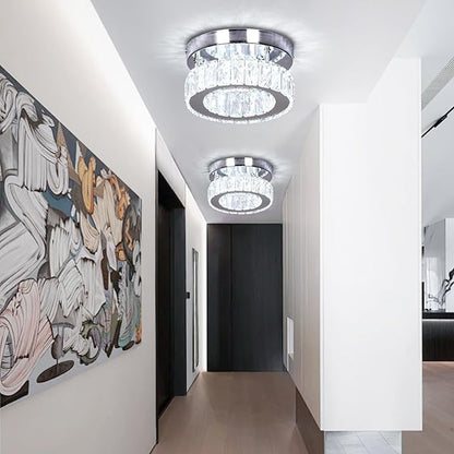 Modern Mini Crystal Chandelier LED Small Flush Mount Round Ceiling Light K9 Crystal Ceiling Lamp for Hallway Foyer Kitchen Bedroom (Cool White)