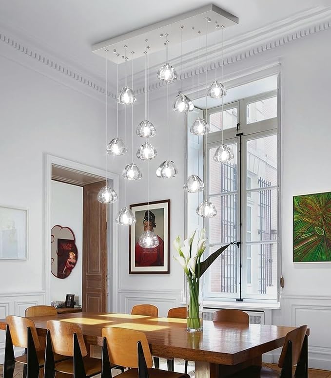 HAIXIANG Brushed Nickel Rectangular Chandeliers for Living Dining Room Light Dimmable High Ceiling Pendant Lights Fixtures Lighting Chandelier for Foyer Entryway Lighting