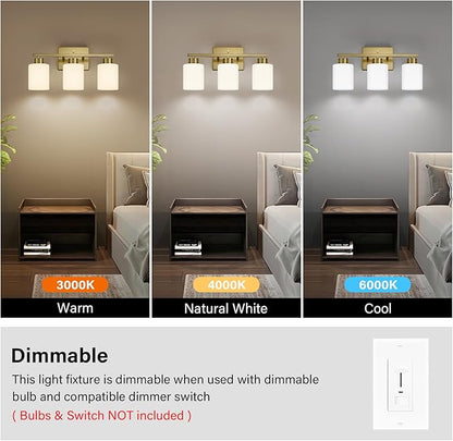FonmYim Brushed Gold Bathroom Light Fixtures, 3-Light Modern Vanity Light Over Mirror, Wall Sconces with Milky White Frosted Glass Shades, E26 Socket (Bulbs Not Included)
