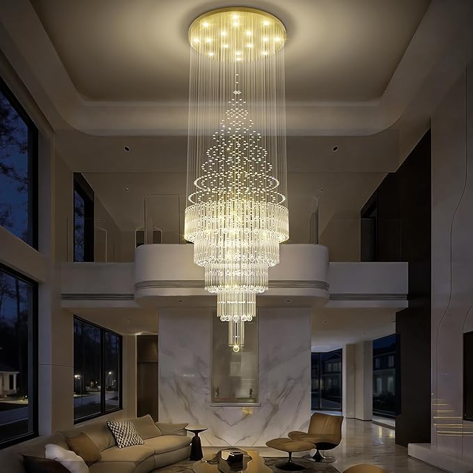 Flashing God 40''X120 High Ceiling Chandelier Crystal Raindrop Gold Chandeliers Staircase Large Chandelier Villa Entrance Foyer Pendant Light Foyer High Ceiling Light 15 GU10 Bulb Dimming