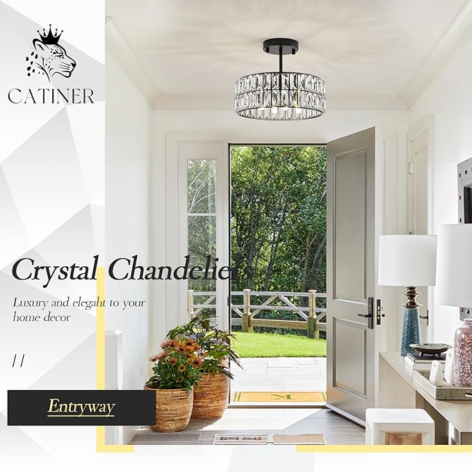 CATINER 3-Pack Black Crystal Pendant Light 4-Light Modern Chandelier Small 12” Crystal Semi Flush Mount Ceiling Light Round for Dining Room Kitchen Island Foyer Hallway