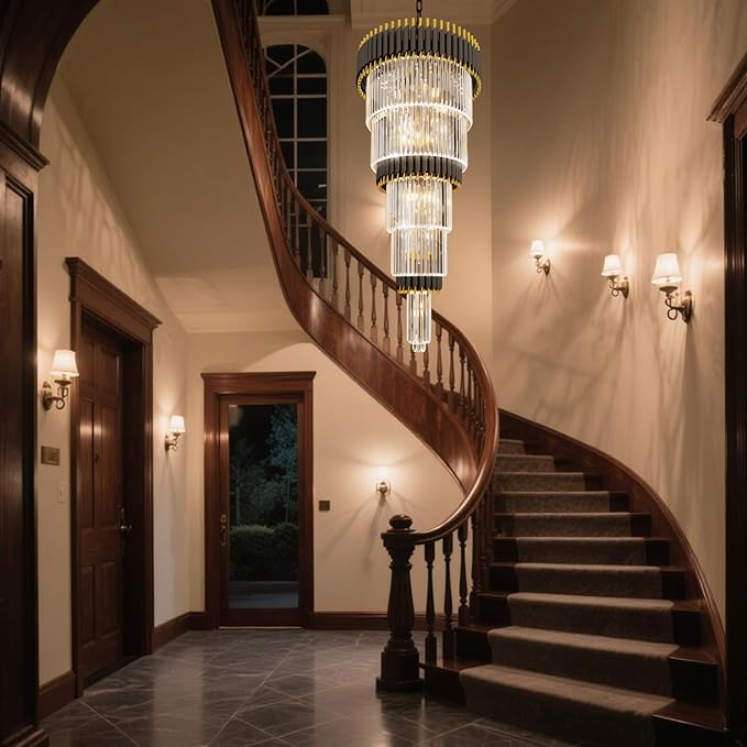 Large Black and Gold Crystal Chandelier, 24" 5-Tier Crystal Chandeliers for High Ceiling, Adjustable Height Pendant Light for Foyer, Villa, Staircase, Entryway