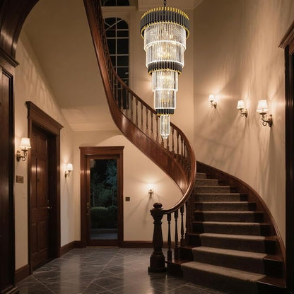 Large Black and Gold Crystal Chandelier, 24" 5-Tier Crystal Chandeliers for High Ceiling, Adjustable Height Pendant Light for Foyer, Villa, Staircase, Entryway