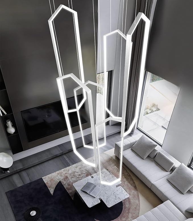6 Rings Silver Modern Long Large Chandelier Dimmable LED High Ceiling Chandelier for Living Room Foyer Staircase Enterway Hanging Light Fixture Modern Ceiling Light