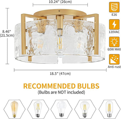 18.5'' Modern Gold Semi Flush Mount Ceiling Light, 4-Light Glass Drum Light Fixtures, Ceiling Lights for Hallway Foyer Entryway Bedroom Kitchen Island Dining Room Living Room Bathroom Lighting Fixture
