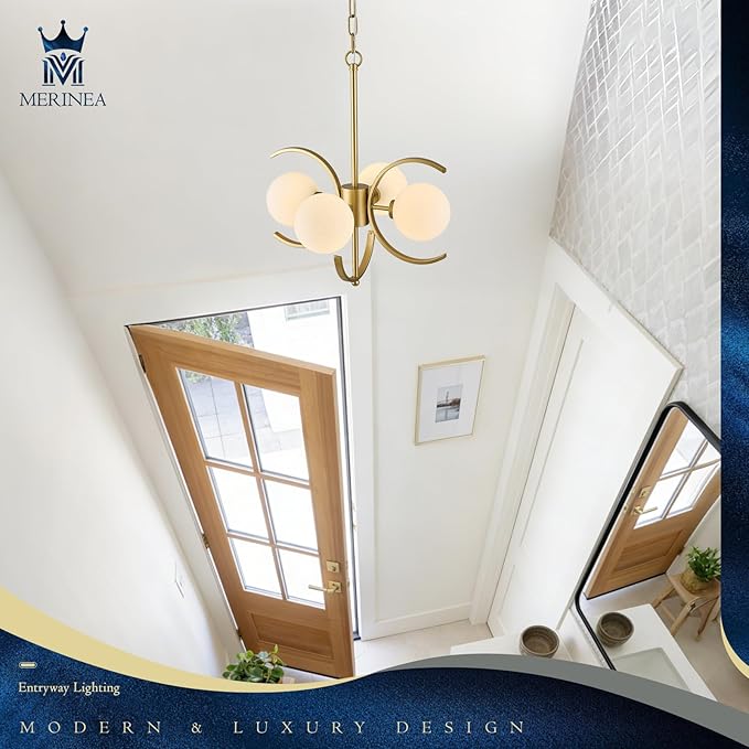Modern Gold Sputnik Chandelier L16.5”4-Light Mid Century Milk Glass Globe Ceiling Pendant Light Fixture Small Industrial Chandeliers for Dining Room Kitchen Entryway Hallway