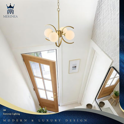 Modern Gold Sputnik Chandelier L16.5”4-Light Mid Century Milk Glass Globe Ceiling Pendant Light Fixture Small Industrial Chandeliers for Dining Room Kitchen Entryway Hallway