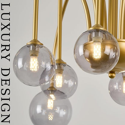 CATINER Gold Chandeliers 12 Lights Modern Sputnik Chandelier Large L52”Mid Century Ceiling Pendant Light Fixtures with Smoke Glass Globe Shades for High Ceiling Living Dining Room Foyer Staircase