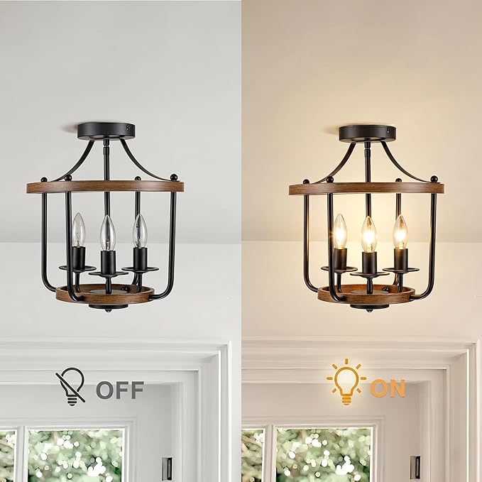 Farmhouse Semi Flush Mount Ceiling Light Fixtures, Industrial Rustic Ceiling Lamp Metal Cage Hallway Light Fixtures(3-Light Wood Finish)