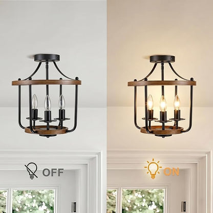 Farmhouse Semi Flush Mount Ceiling Light Fixtures, Industrial Rustic Ceiling Lamp Metal Cage Hallway Light Fixtures(3-Light Wood Finish)