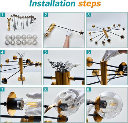 hesoge Large 12 Light Sputnik Semi Flush Mount Ceiling Light Fixture Gold Mid Century Modern Chandelier with Glass Globe Close to Ceiling Light for Living Room Kitchen Dining Room Bedroom.