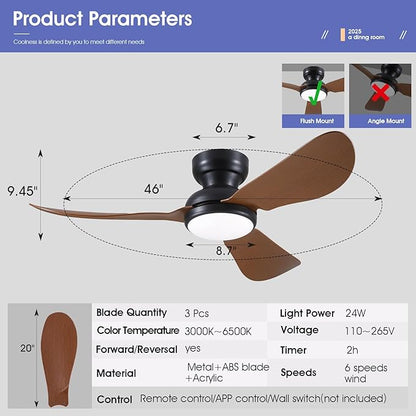 Kviflon 46 Inch Modern Ceiling Fans with Lights, Flush Mount Ceiling Fan, Remote/APP Control, 3 Reversible Curved Blades, 6 Speeds, 3 CCT Dimmable LED Lights for Living Room Bedroom, Brown