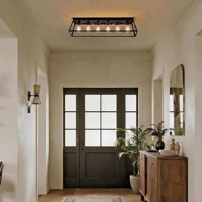38” Large Black Flush Mount Ceiling Light Fixture, 6-Light Vintage Industrial Cage Chandelier for Dining Room, Kitchen Island, Living Room, Hallway, Dimmable Semi Flush Mount Close to Ceiling Lighting
