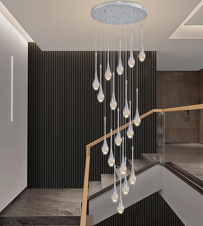 Modern Crystal Staircase Chandelier Polished Chrome 18-Lights, H118'' Large High Ceiling Spiral Dimmable LED Raindrop Foyer Entryway Light Fixture Remote Control